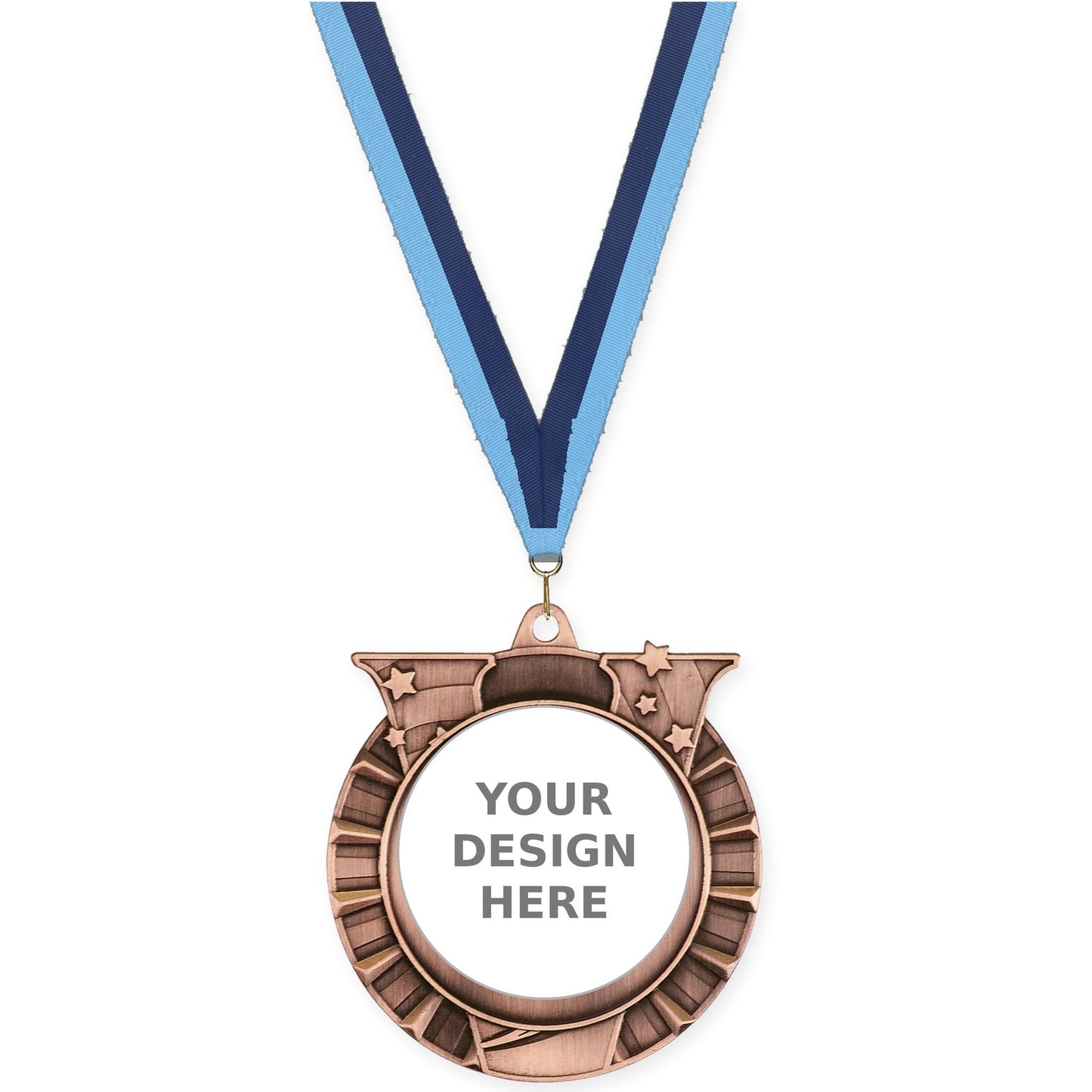 2 3/4 inch Victory Star insert medal in antique bronze with Light Blue Navy neck ribbon