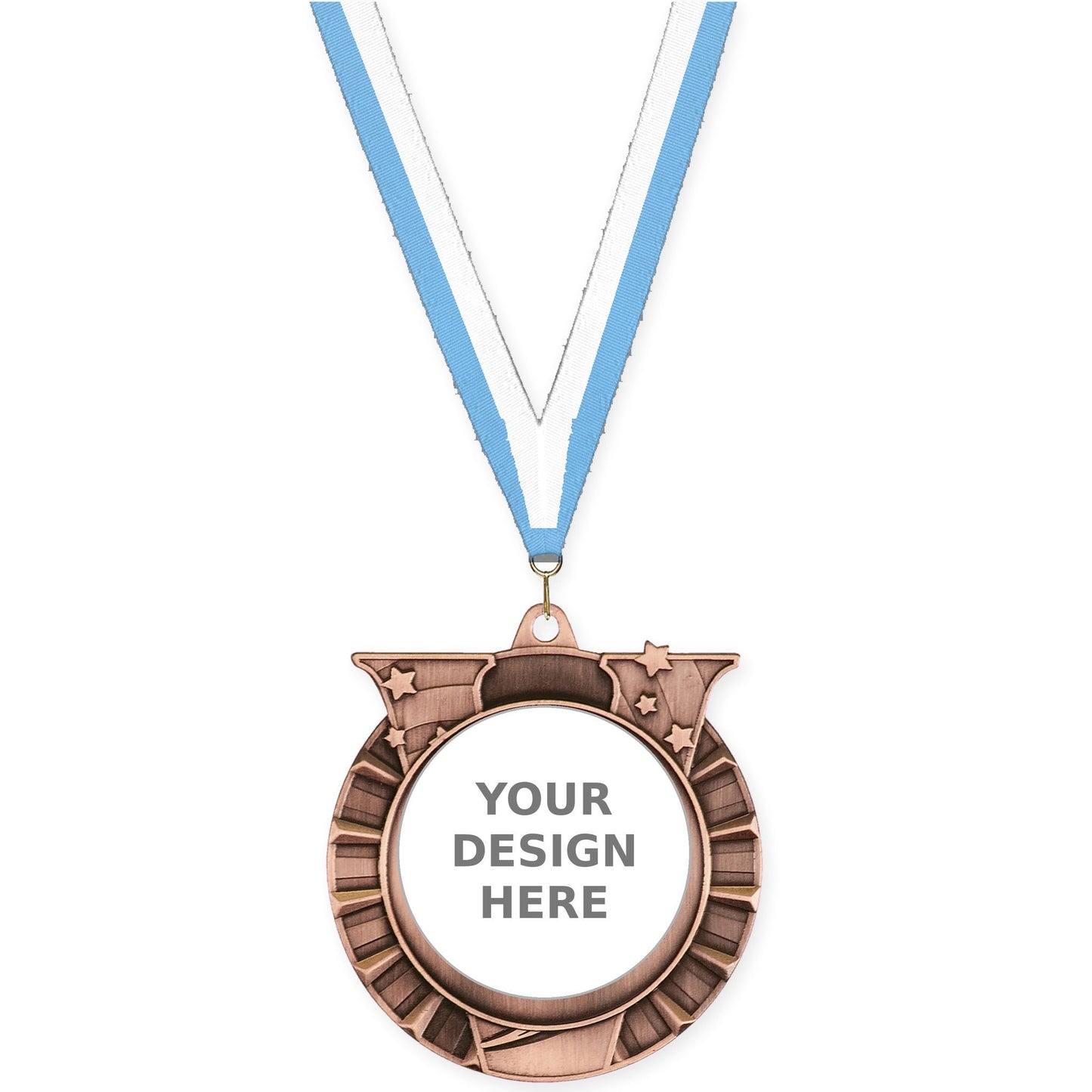 2 3/4 inch Victory Star insert medal in antique bronze with Light Blue White neck ribbon