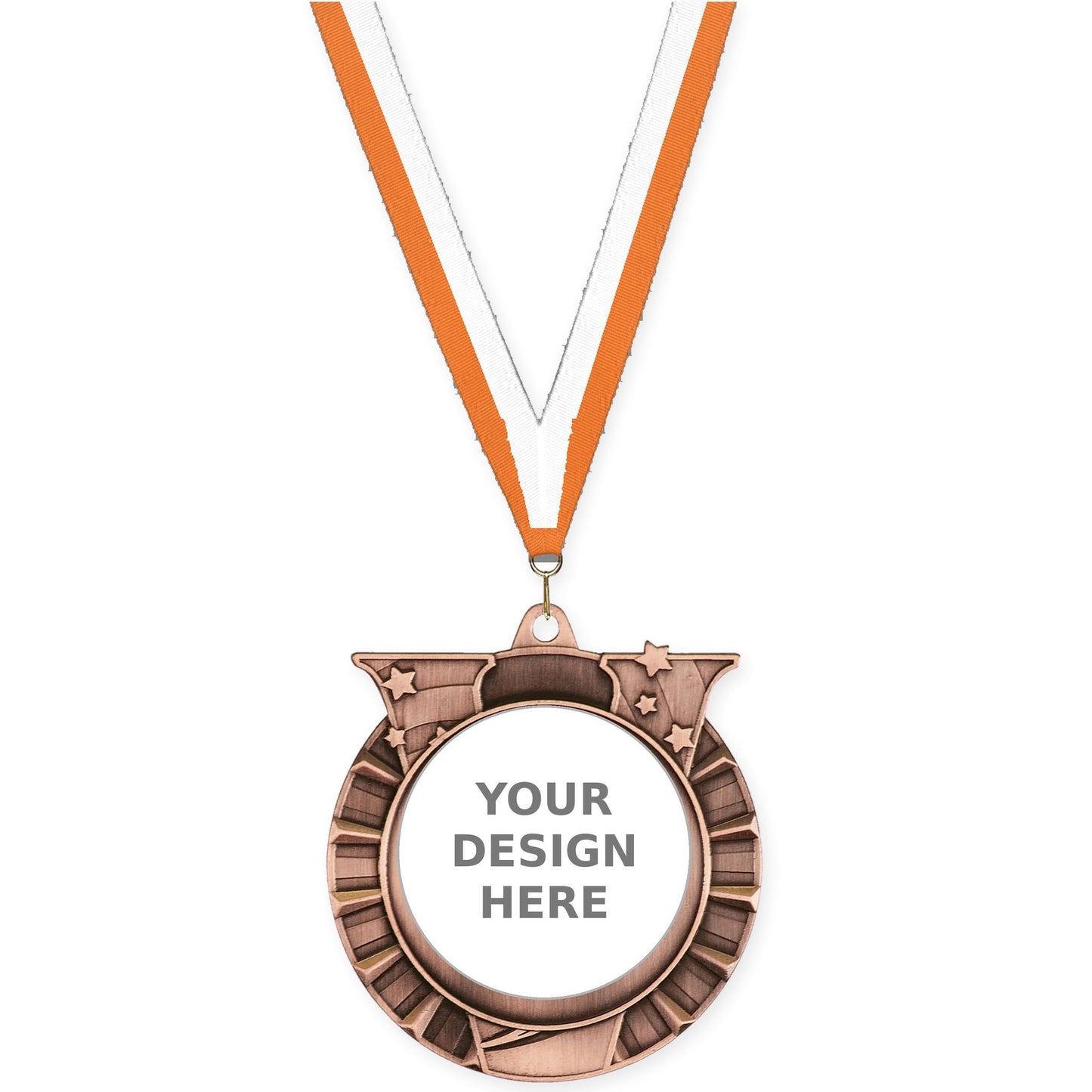 2 3/4 inch Victory Star insert medal in antique bronze with Orange White neck ribbon