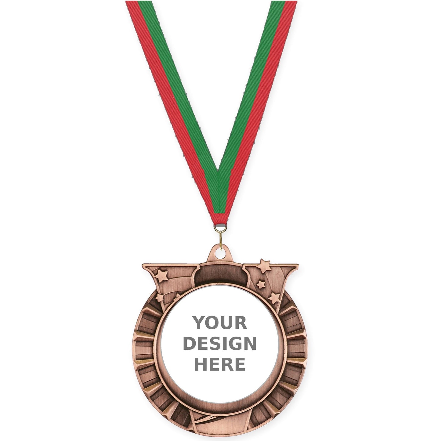 2 3/4 inch Victory Star insert medal in antique bronze with Red Green neck ribbon
