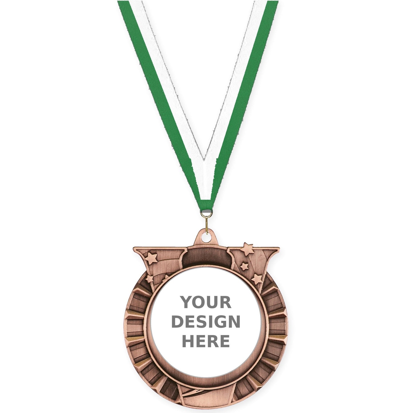 2 3/4 inch Victory Star insert medal in antique bronze with Green White neck ribbon