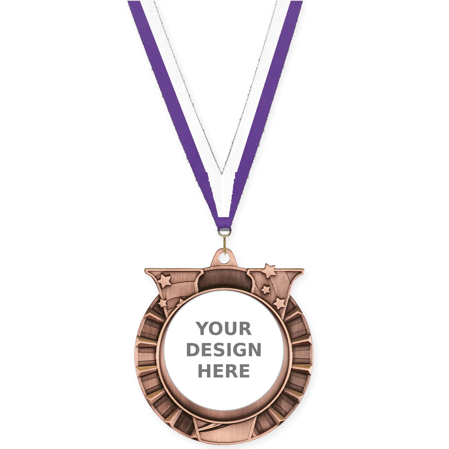 2 3/4 inch Victory Star insert medal in antique bronze with Purple White neck ribbon