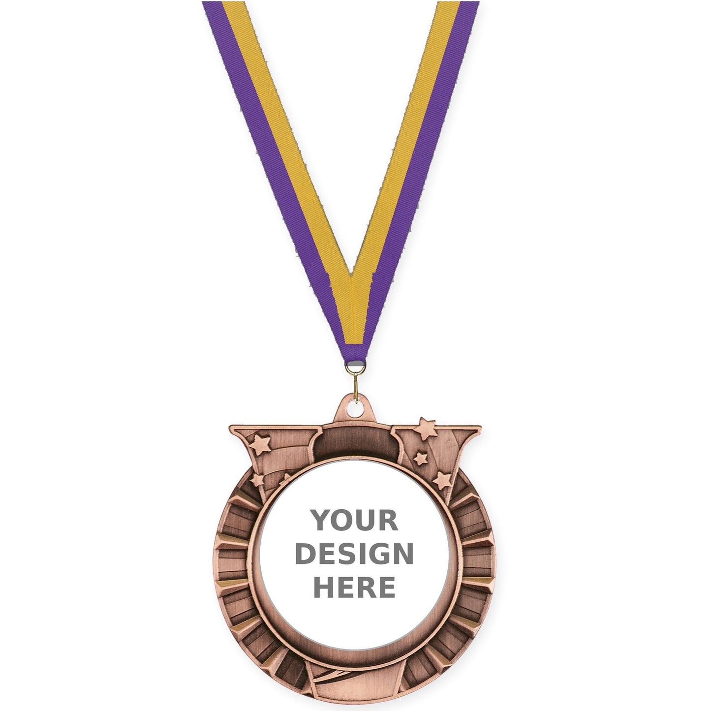 2 3/4 inch Victory Star insert medal in antique bronze with Purple Gold neck ribbon