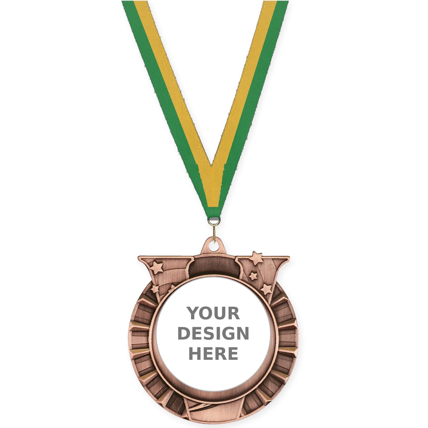 2 3/4 inch Victory Star insert medal in antique bronze with Green Gold neck ribbon