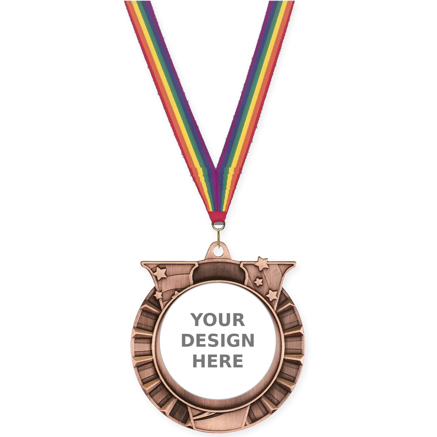 2 3/4 inch Victory Star insert medal in antique bronze with Rainbow neck ribbon