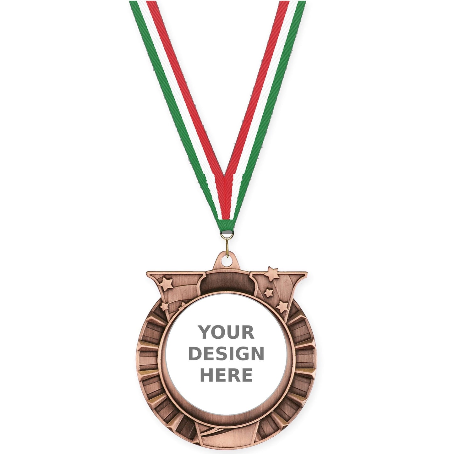 2 3/4 inch Victory Star insert medal in antique bronze with Green White Red neck ribbon