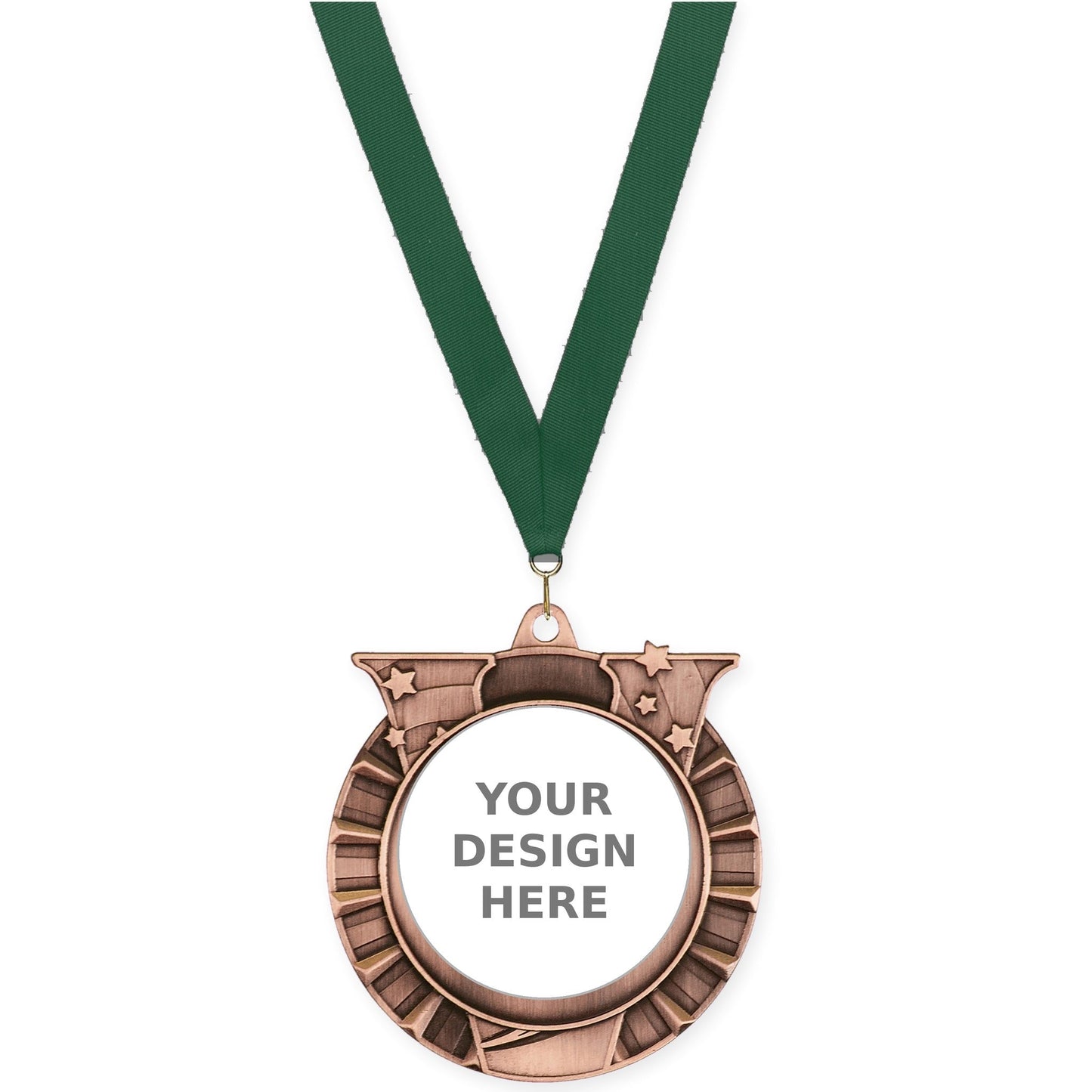 2 3/4 inch Victory Star insert medal in antique bronze with Hunter Green neck ribbon