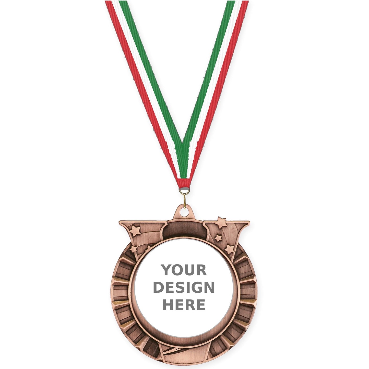 2 3/4 inch Victory Star insert medal in antique bronze with Red White Green neck ribbon