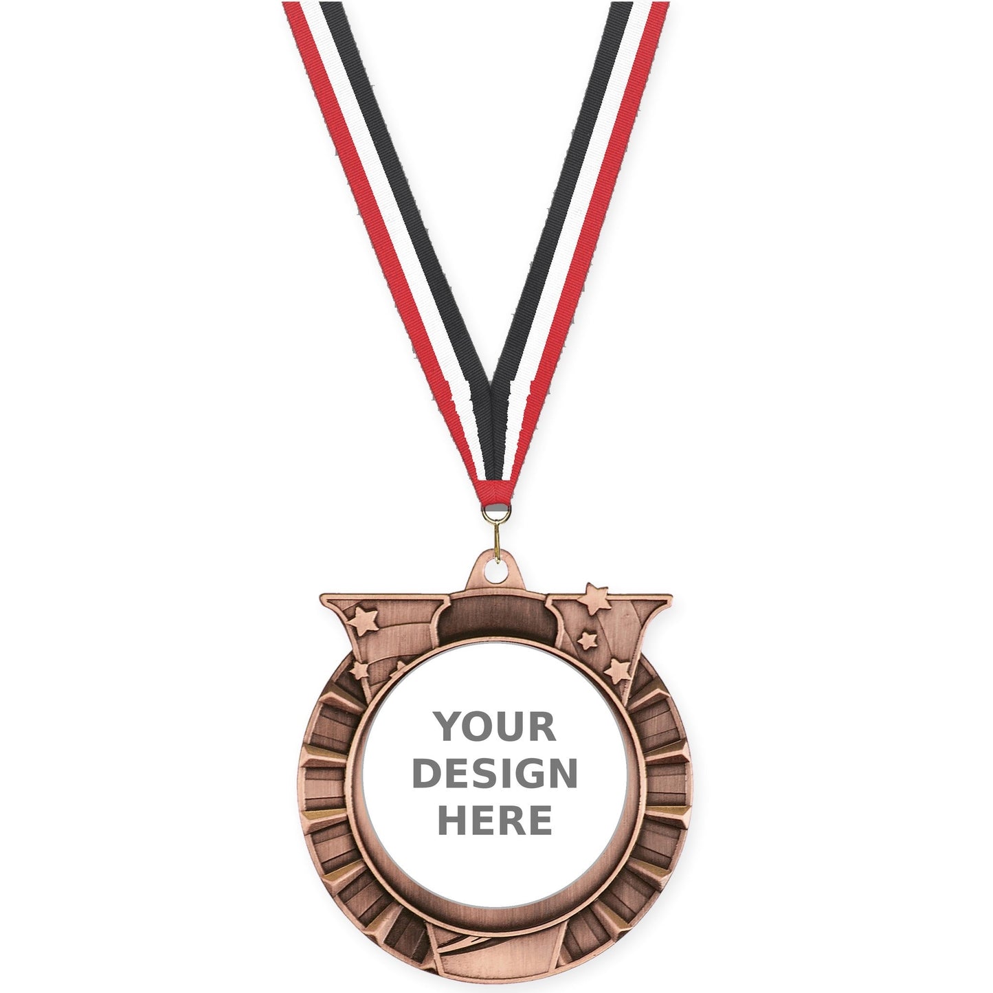 2 3/4 inch Victory Star insert medal in antique bronze with Red White Black neck ribbon