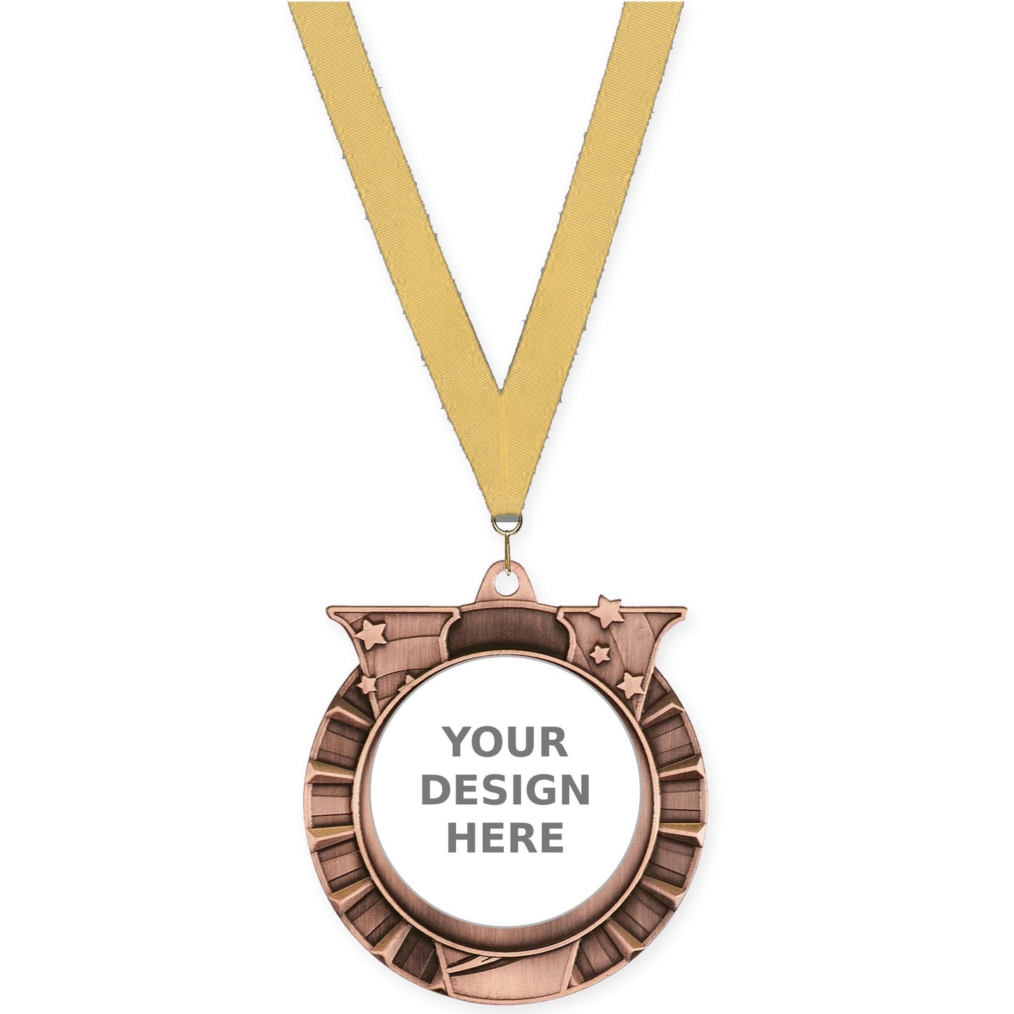 2 3/4 inch Victory Star insert medal in antique bronze with Gold Metallic neck ribbon