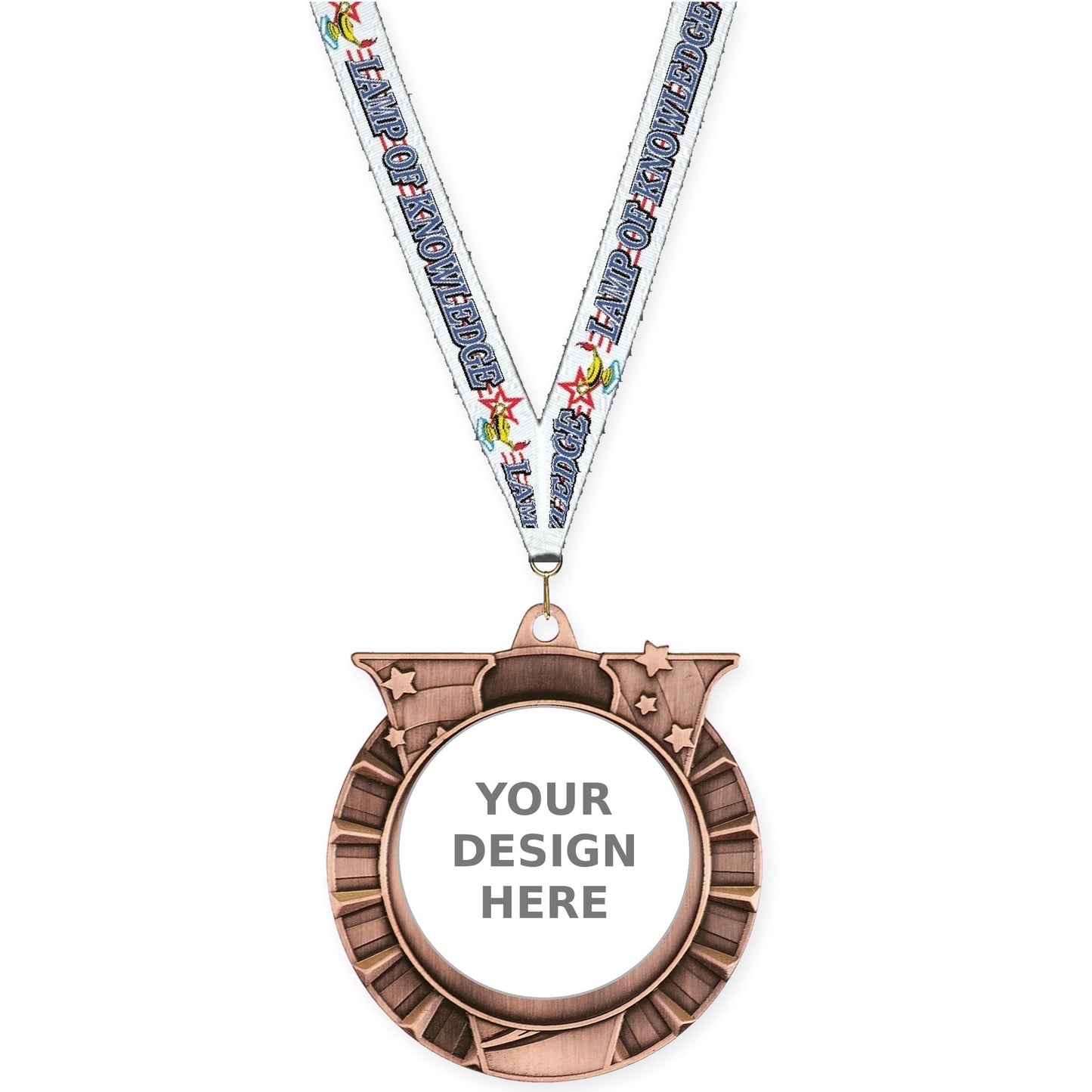 2 3/4 inch Victory Star insert medal in antique bronze with Lamp Of Knowledge neck ribbon