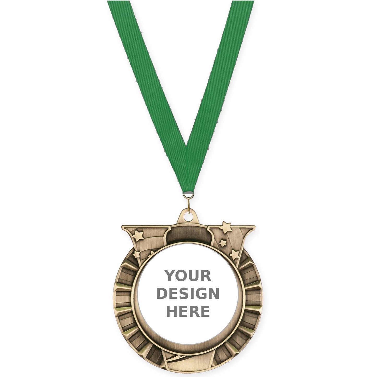2 3/4 inch Victory Star insert medal in antique gold with Green neck ribbon