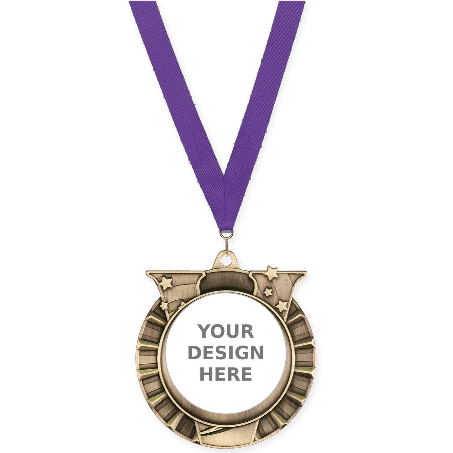 2 3/4 inch Victory Star insert medal in antique gold with Purple neck ribbon