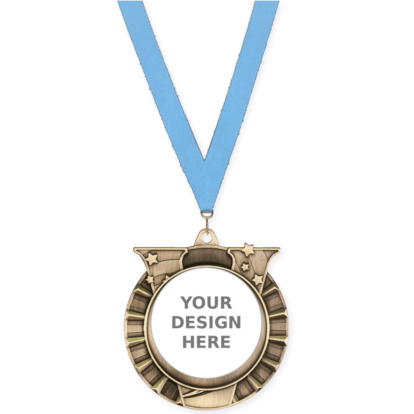 2 3/4 inch Victory Star insert medal in antique gold with Light Blue neck ribbon