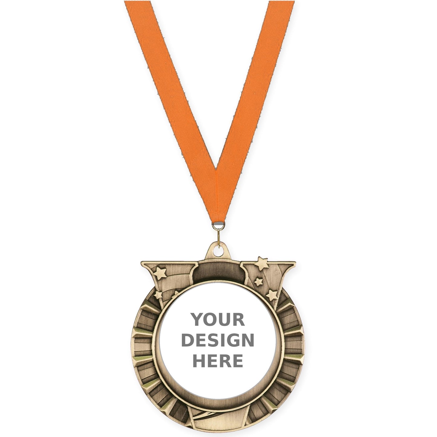 2 3/4 inch Victory Star insert medal in antique gold with Orange neck ribbon