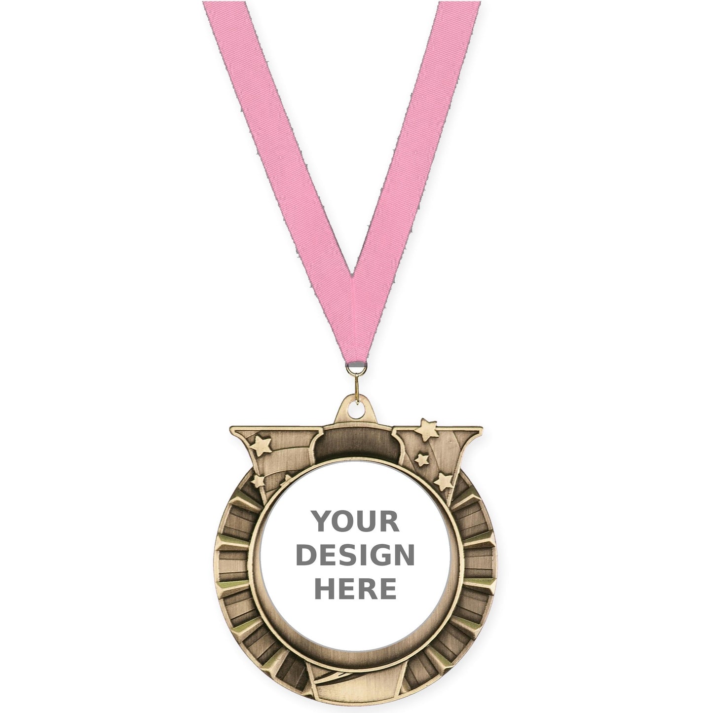 2 3/4 inch Victory Star insert medal in antique gold with Pink neck ribbon