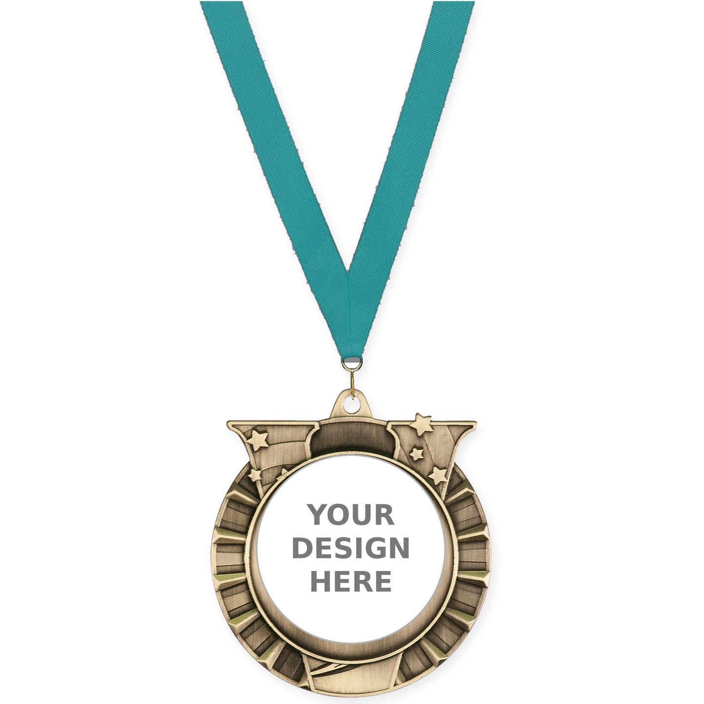 2 3/4 inch Victory Star insert medal in antique gold with Teal neck ribbon
