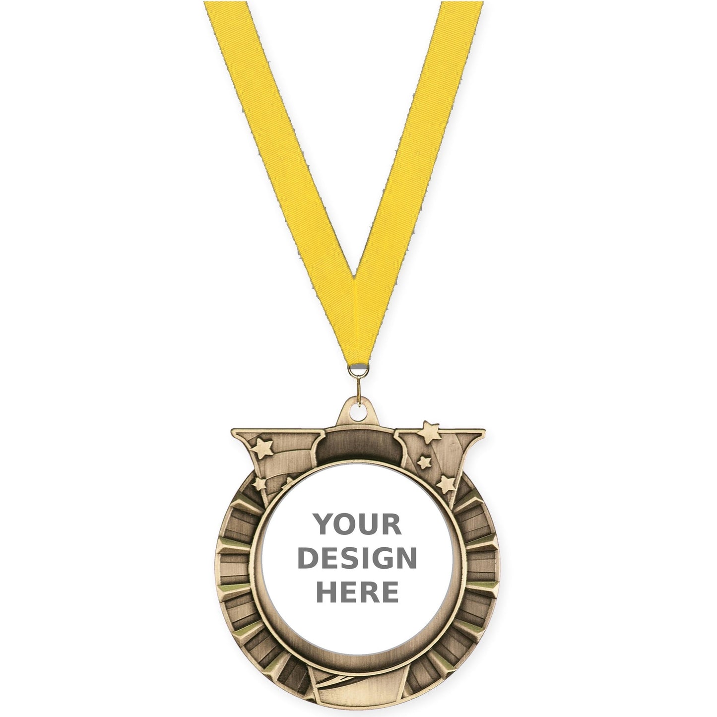 2 3/4 inch Victory Star insert medal in antique gold with Yellow neck ribbon