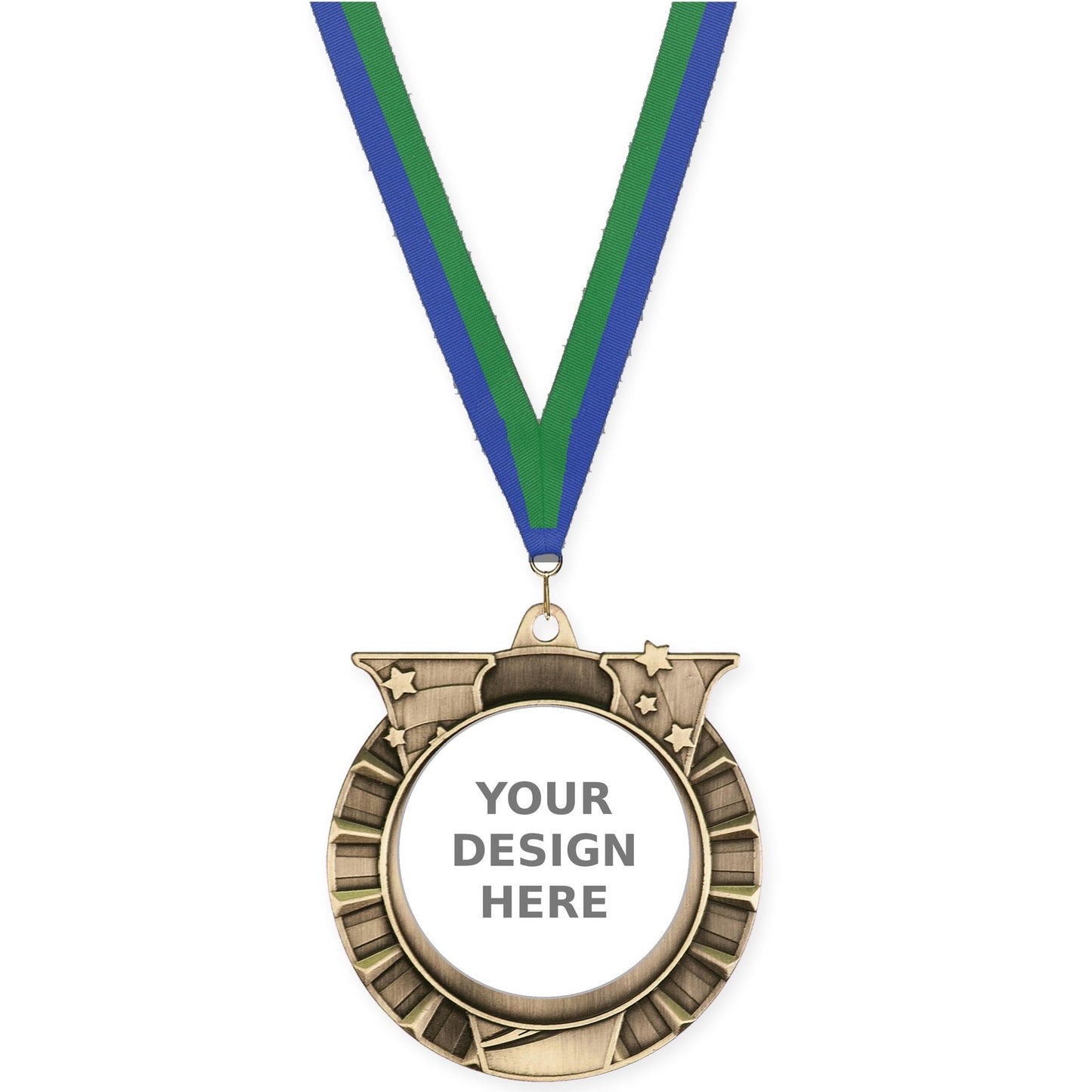 2 3/4 inch Victory Star insert medal in antique gold with Blue Green neck ribbon