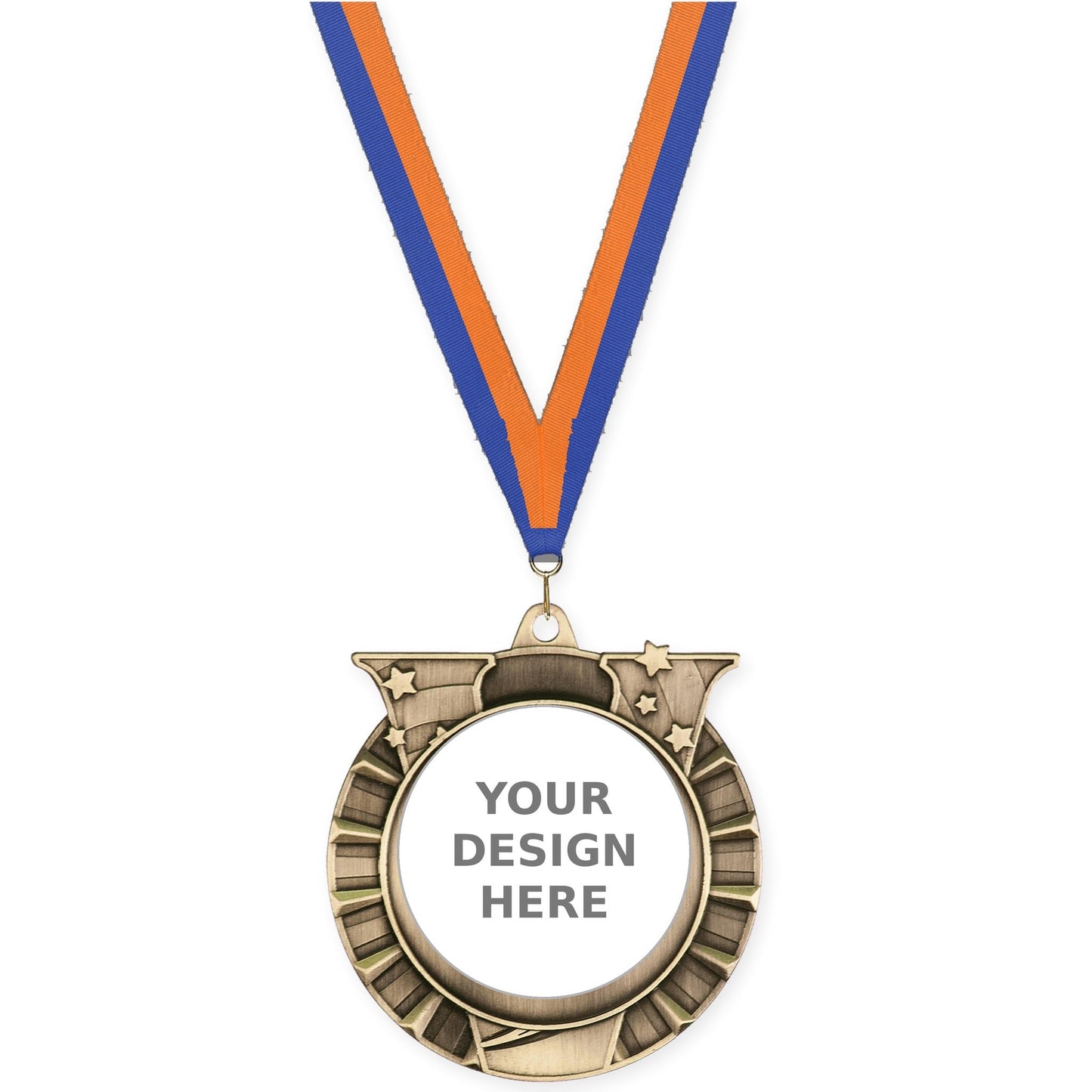 2 3/4 inch Victory Star insert medal in antique gold with Blue Orange neck ribbon