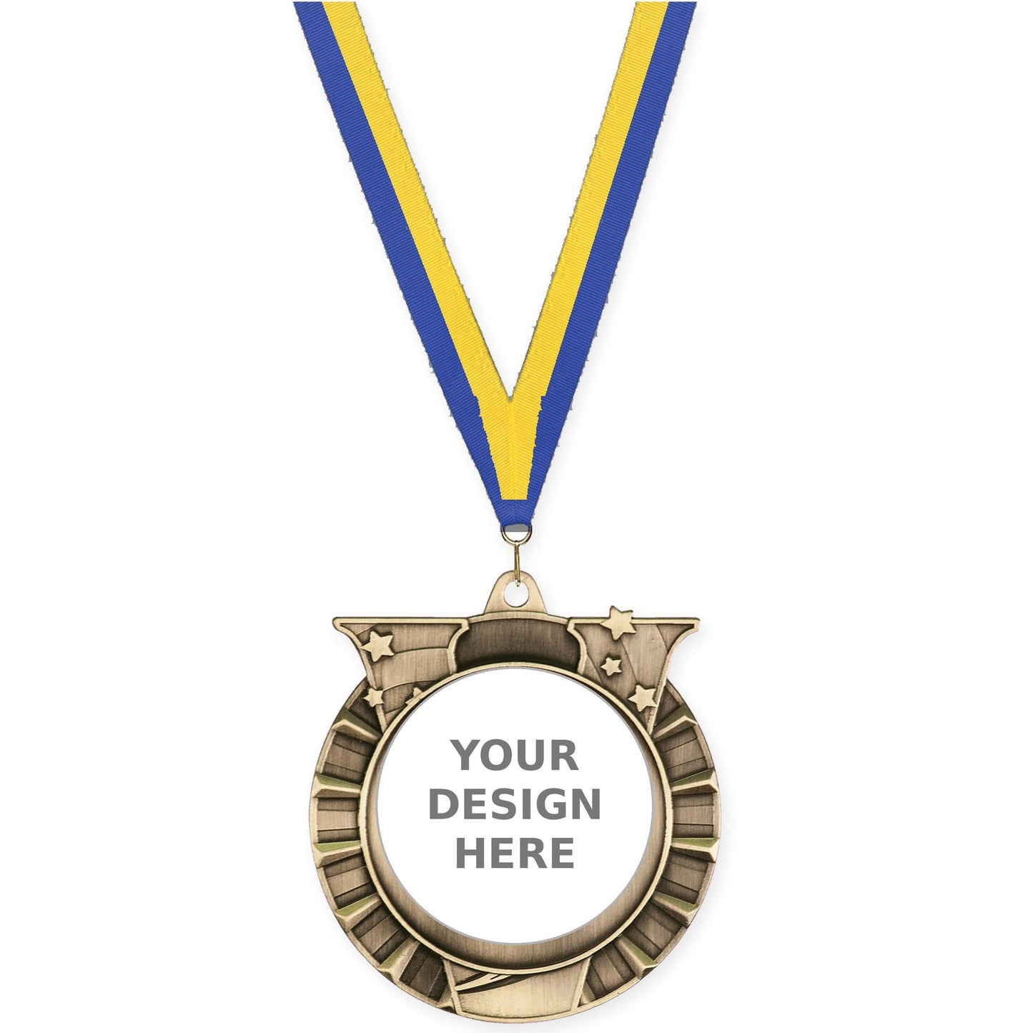 2 3/4 inch Victory Star insert medal in antique gold with Blue Yellow neck ribbon