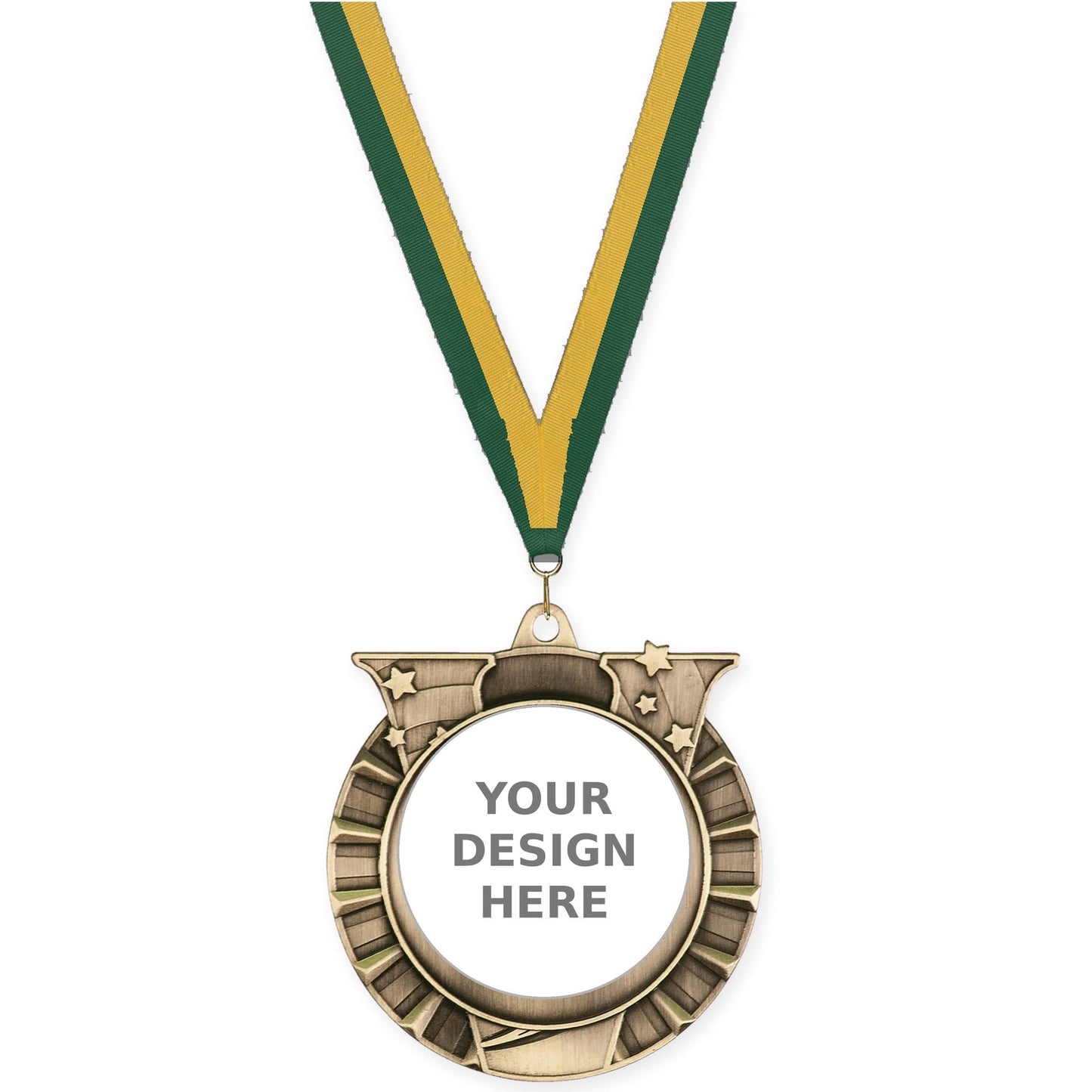 2 3/4 inch Victory Star insert medal in antique gold with Hunter Green Gold neck ribbon