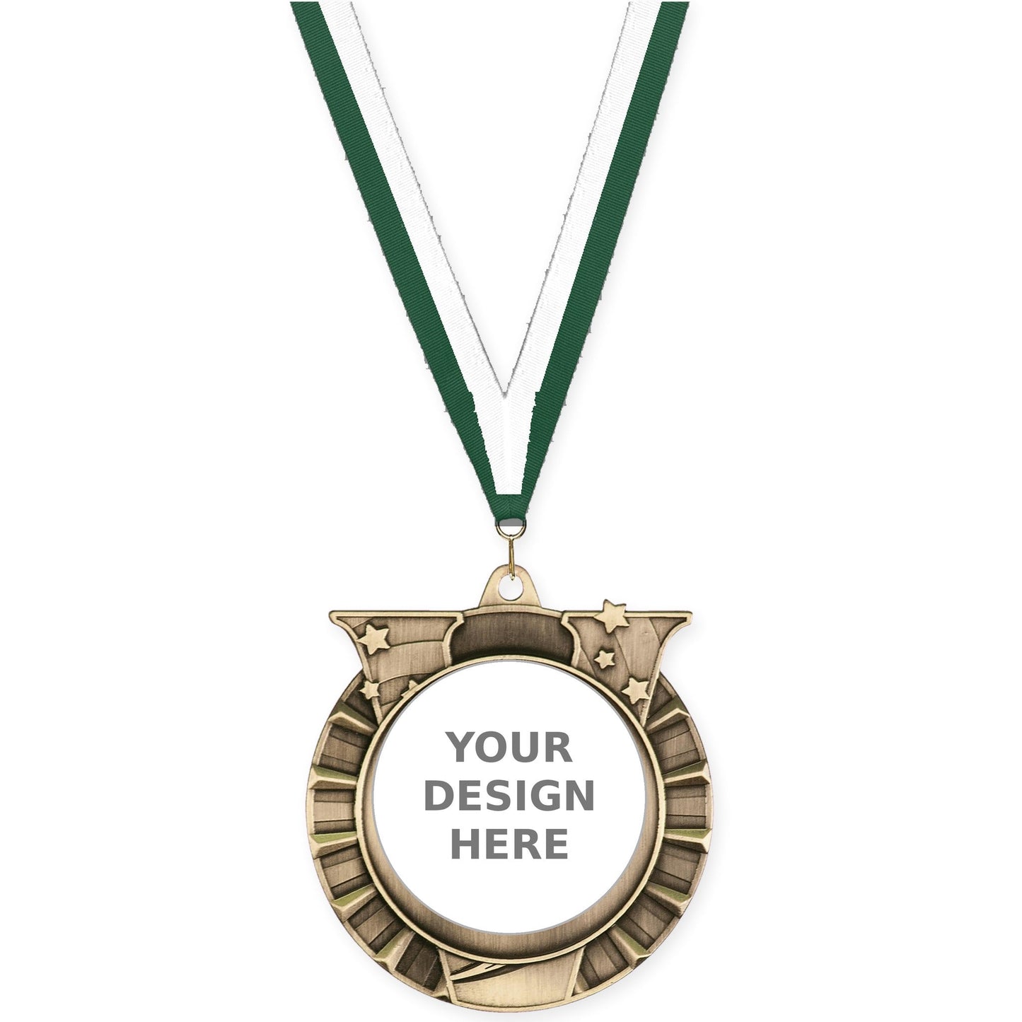 2 3/4 inch Victory Star insert medal in antique gold with Hunter Green White neck ribbon