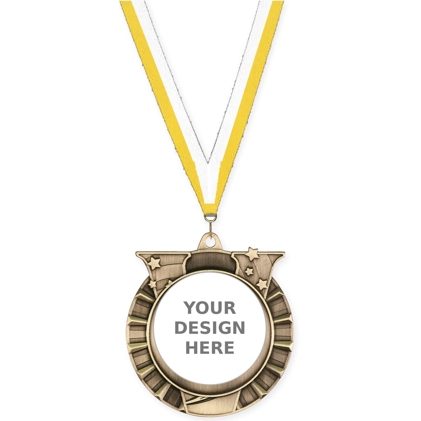 2 3/4 inch Victory Star insert medal in antique gold with Yellow White neck ribbon