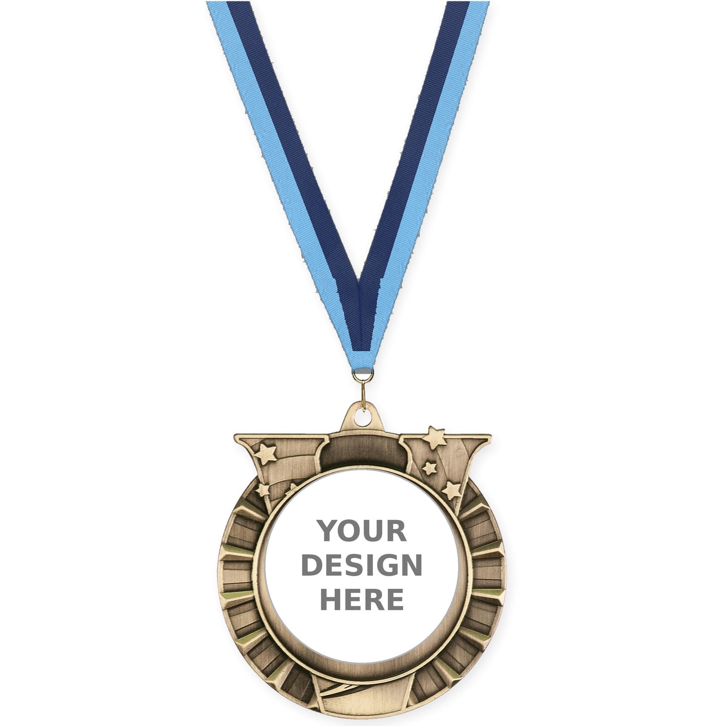 2 3/4 inch Victory Star insert medal in antique gold with Light Blue Navy neck ribbon