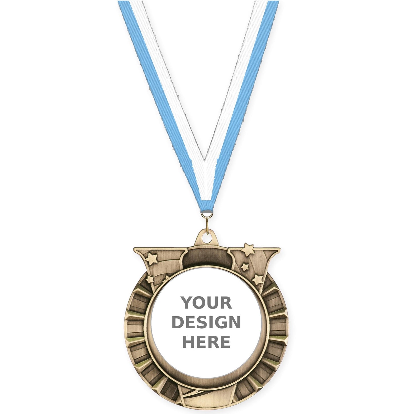 2 3/4 inch Victory Star insert medal in antique gold with Light Blue White neck ribbon
