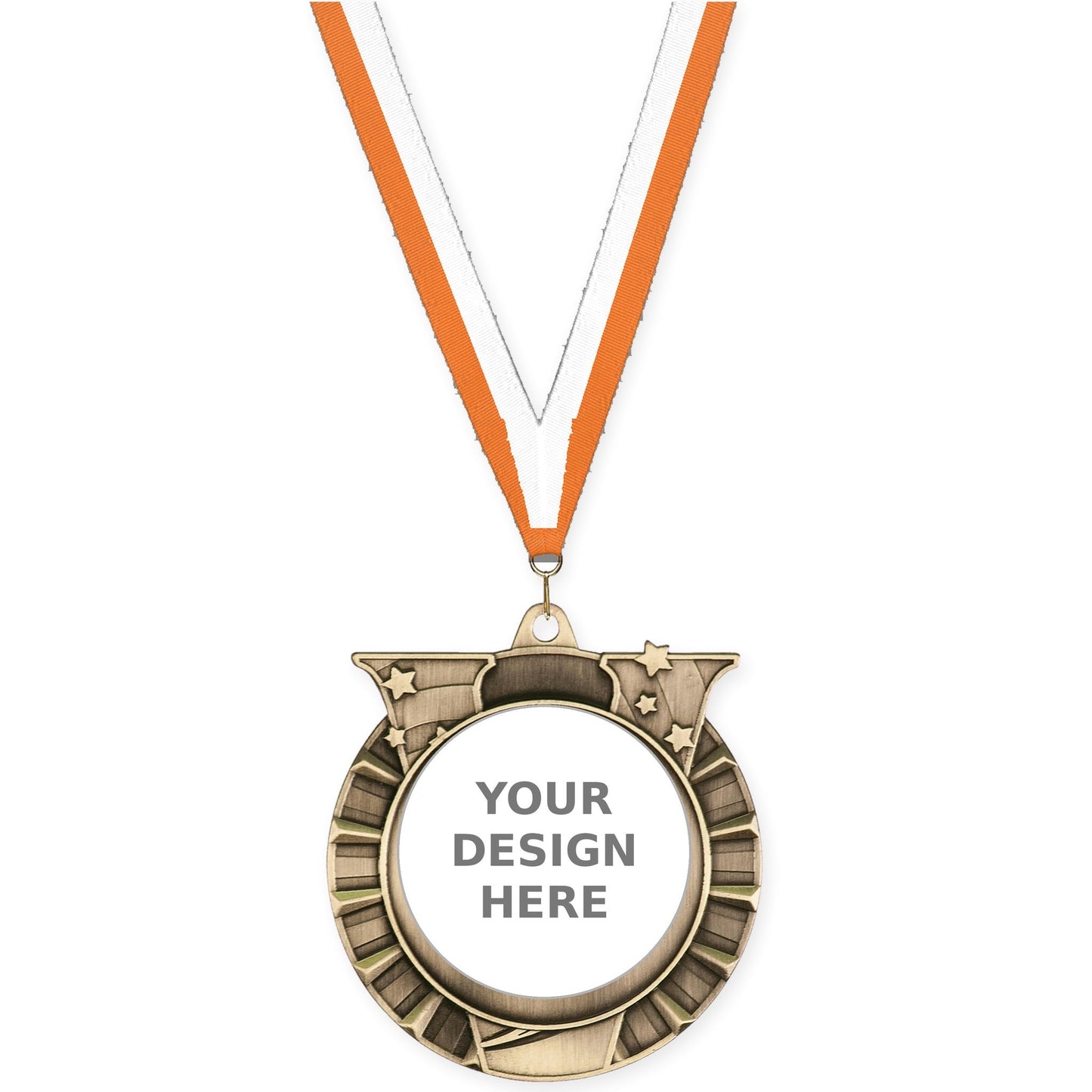 2 3/4 inch Victory Star insert medal in antique gold with Orange White neck ribbon