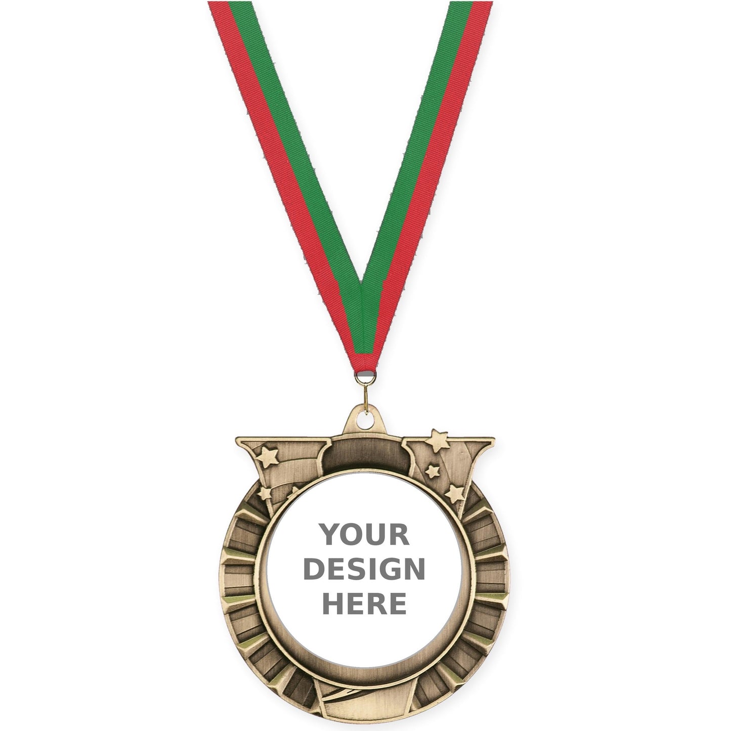 2 3/4 inch Victory Star insert medal in antique gold with Red Green neck ribbon