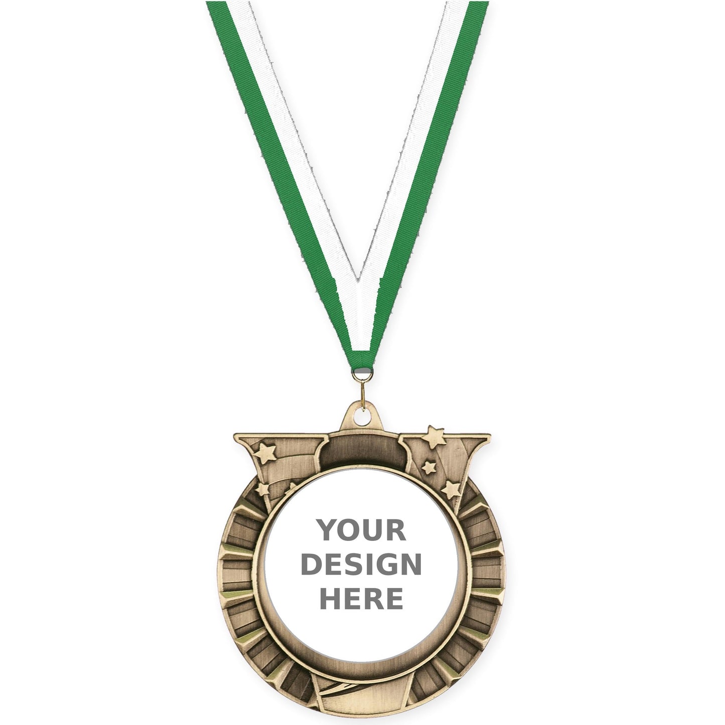 2 3/4 inch Victory Star insert medal in antique gold with Green White neck ribbon