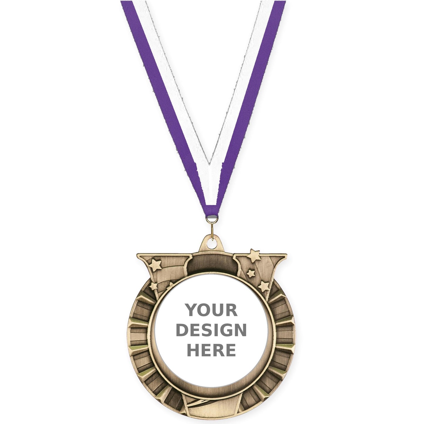 2 3/4 inch Victory Star insert medal in antique gold with Purple White neck ribbon