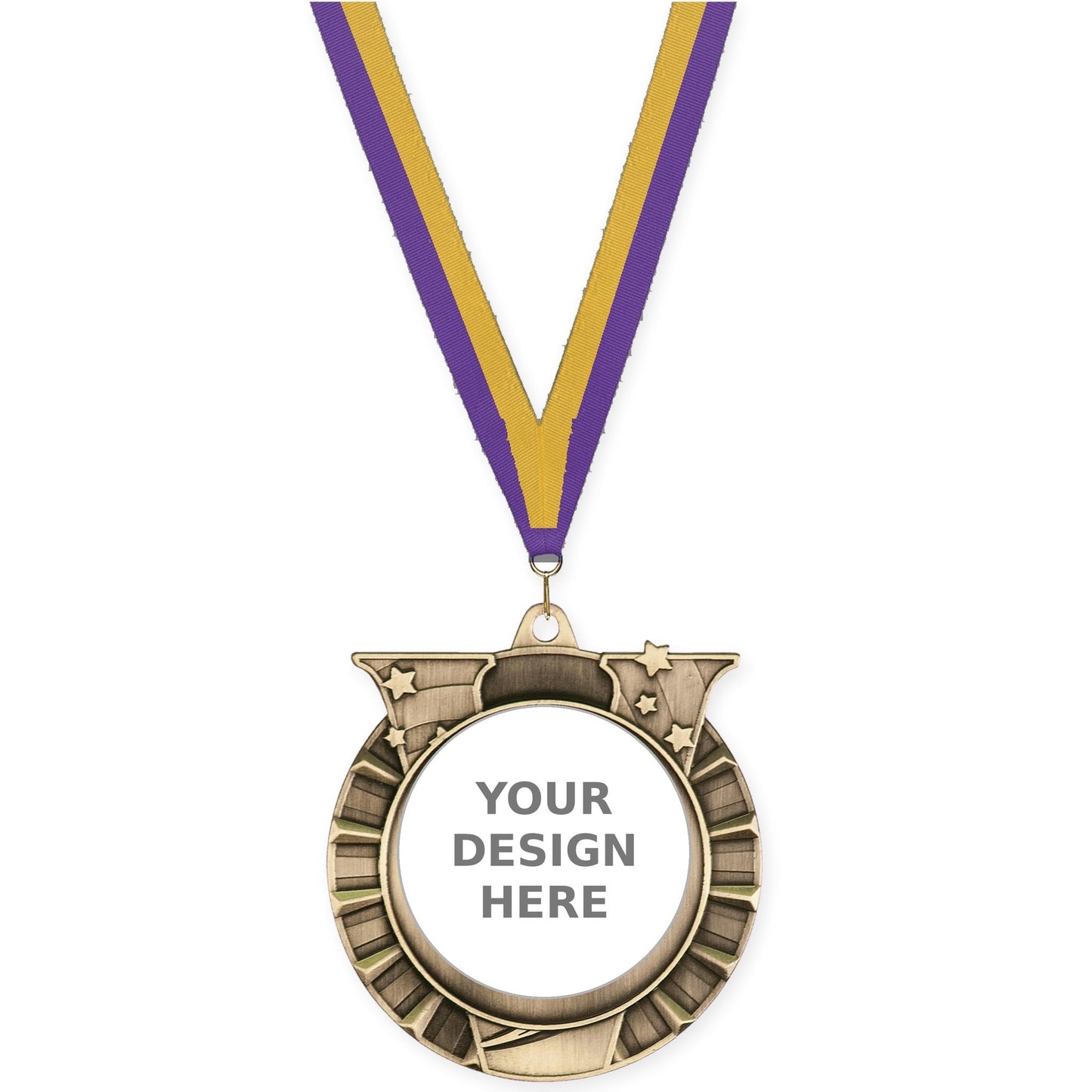 2 3/4 inch Victory Star insert medal in antique gold with Purple Gold neck ribbon