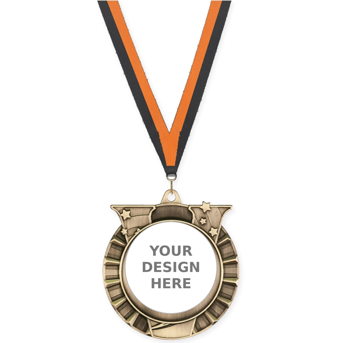 2 3/4 inch Victory Star insert medal in antique gold with Black Orange neck ribbon