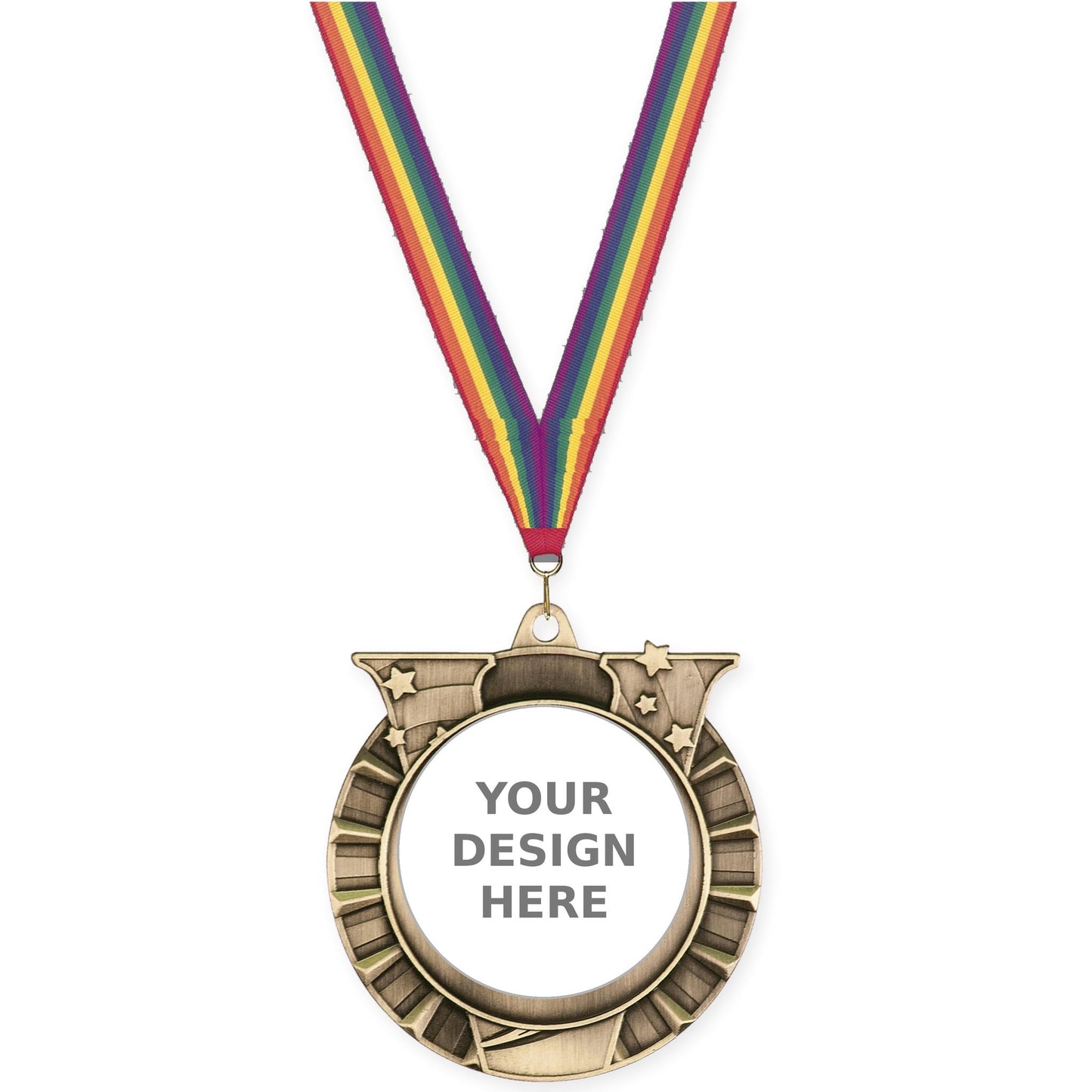 2 3/4 inch Victory Star insert medal in antique gold with Rainbow neck ribbon