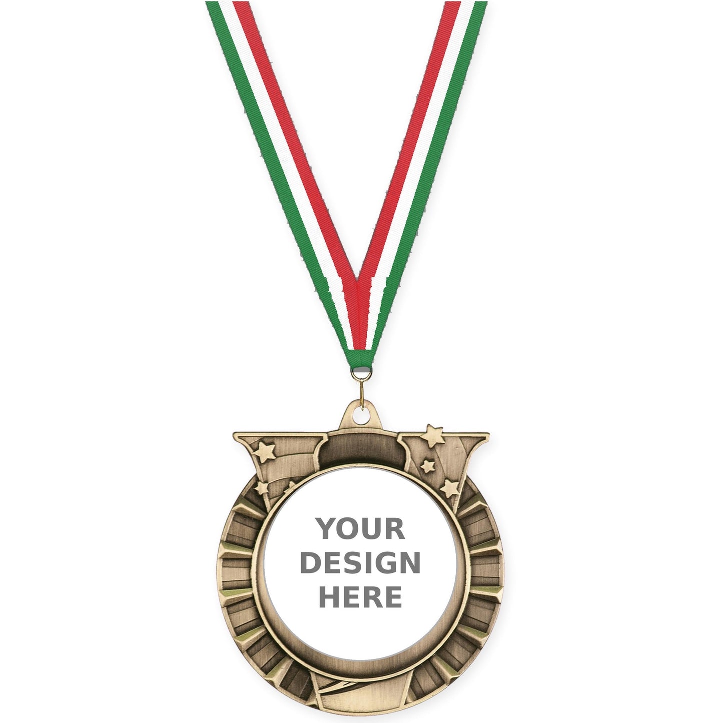 2 3/4 inch Victory Star insert medal in antique gold with Green White Red neck ribbon