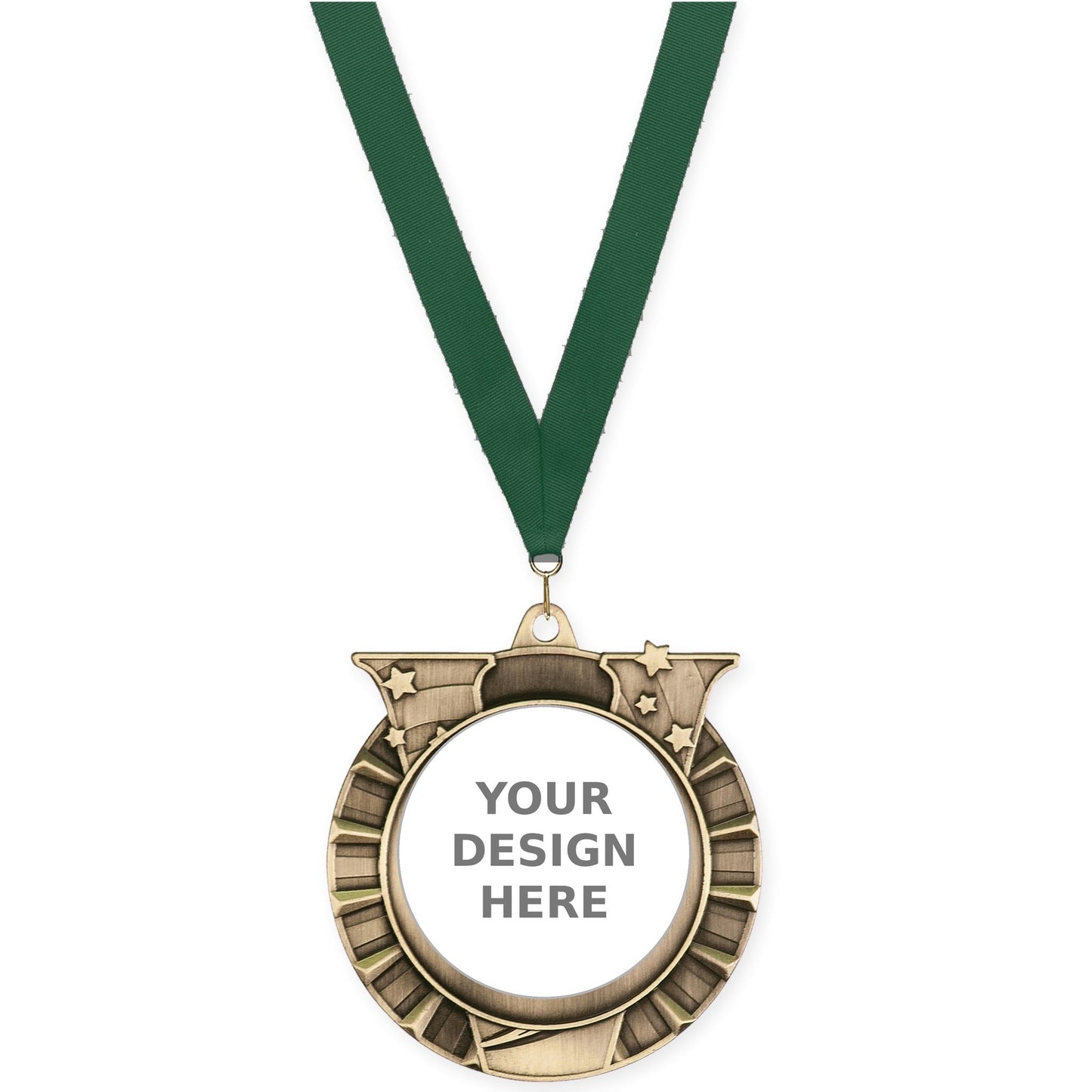 2 3/4 inch Victory Star insert medal in antique gold with Hunter Green neck ribbon