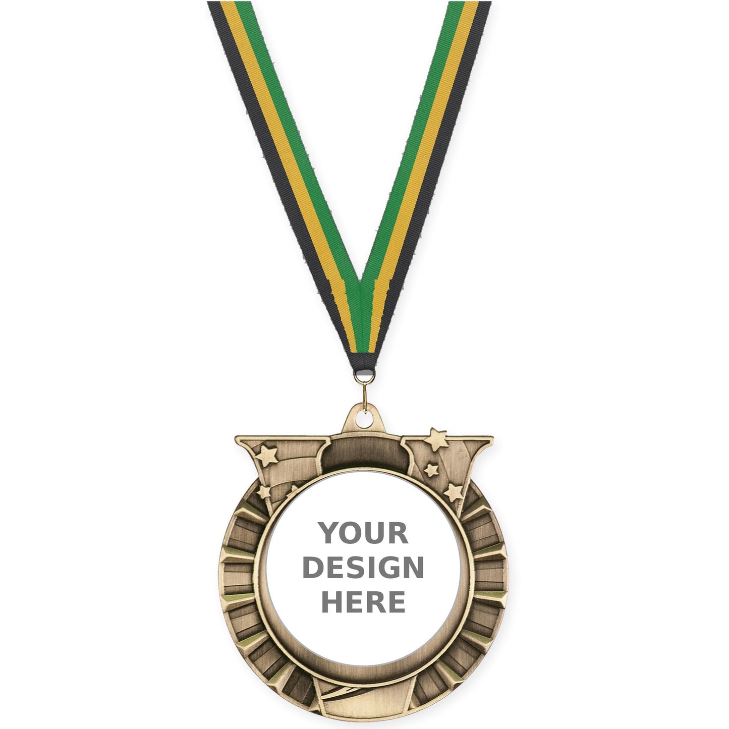2 3/4 inch Victory Star insert medal in antique gold with Black Gold Green neck ribbon