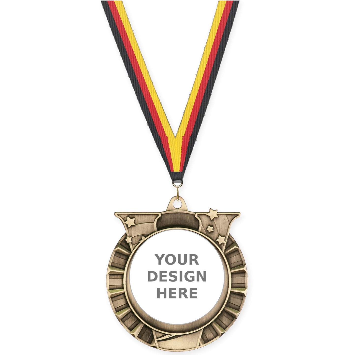 2 3/4 inch Victory Star insert medal in antique gold with Black Red Yellow neck ribbon