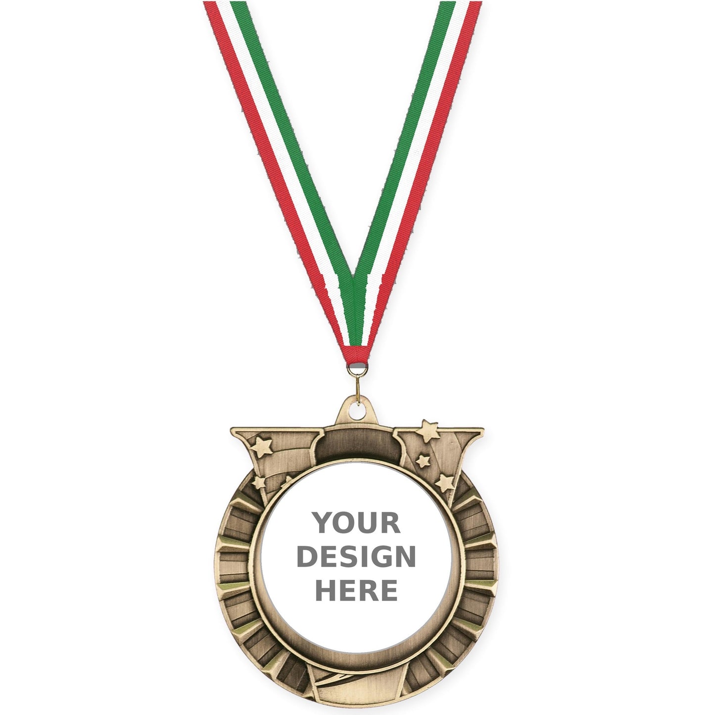 2 3/4 inch Victory Star insert medal in antique gold with Red White Green neck ribbon