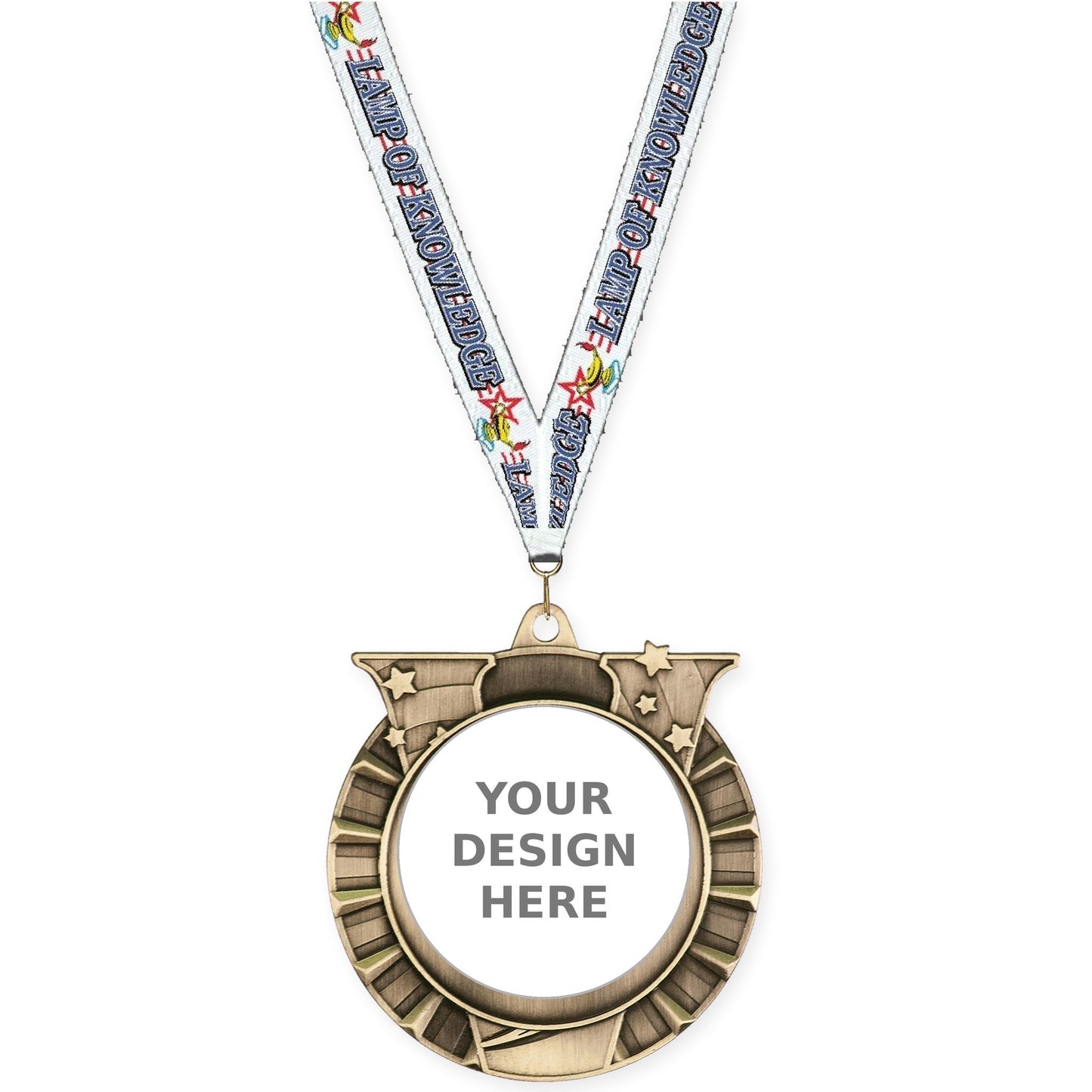 2 3/4 inch Victory Star insert medal in antique gold with Lamp Of Knowledge neck ribbon