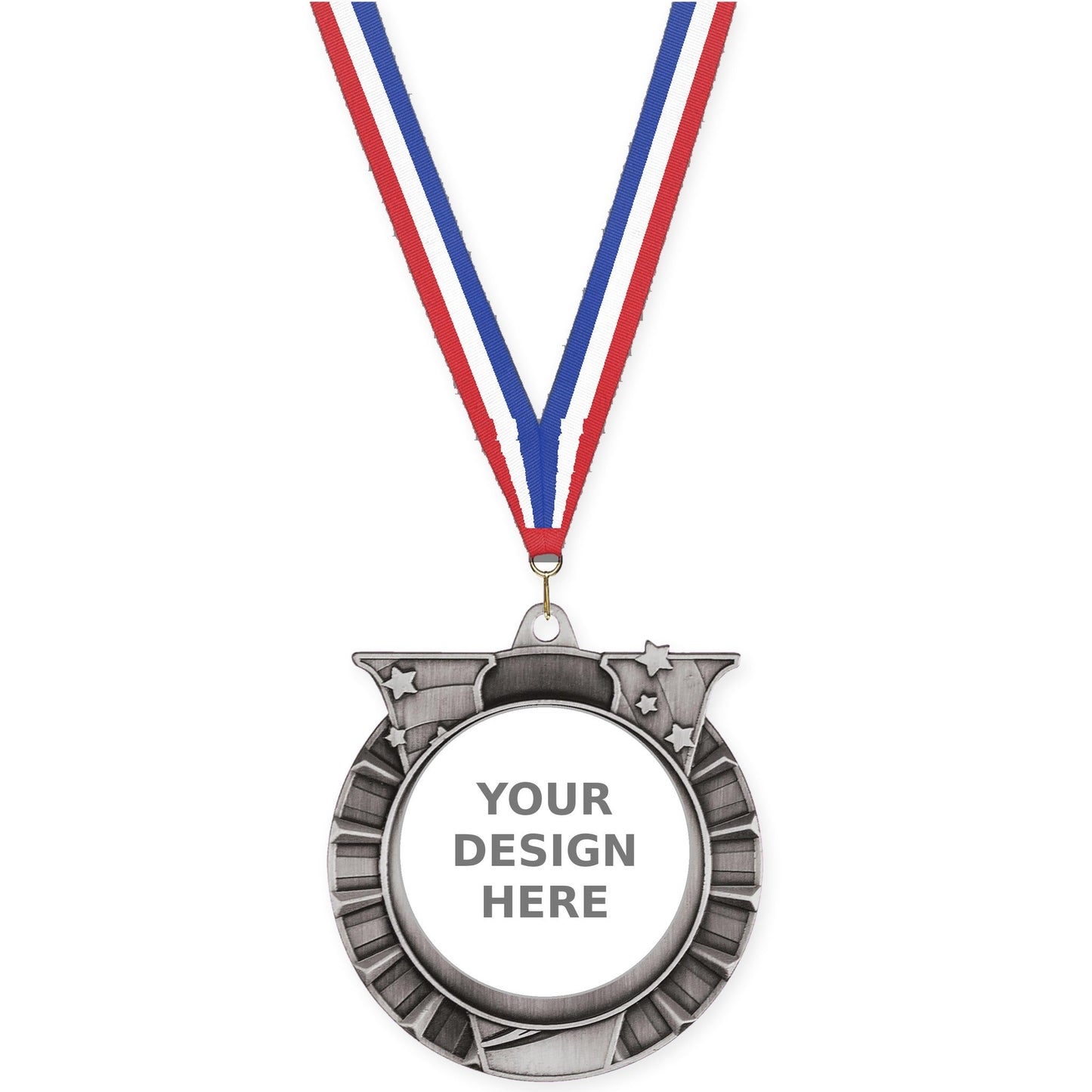 2 3/4 inch Victory Star insert medal in antique silver with Red White Blue neck ribbon