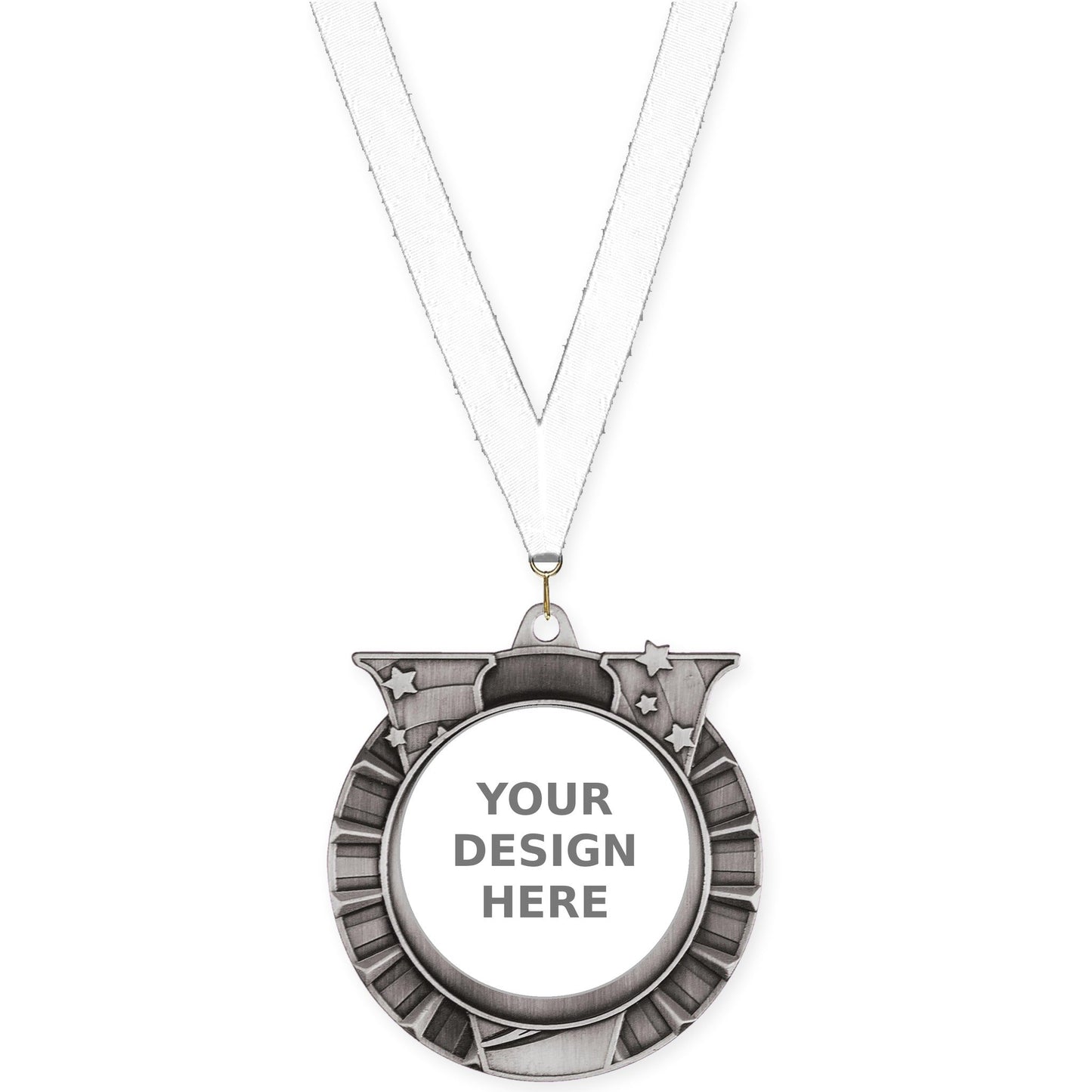 2 3/4 inch Victory Star insert medal in antique silver with White neck ribbon