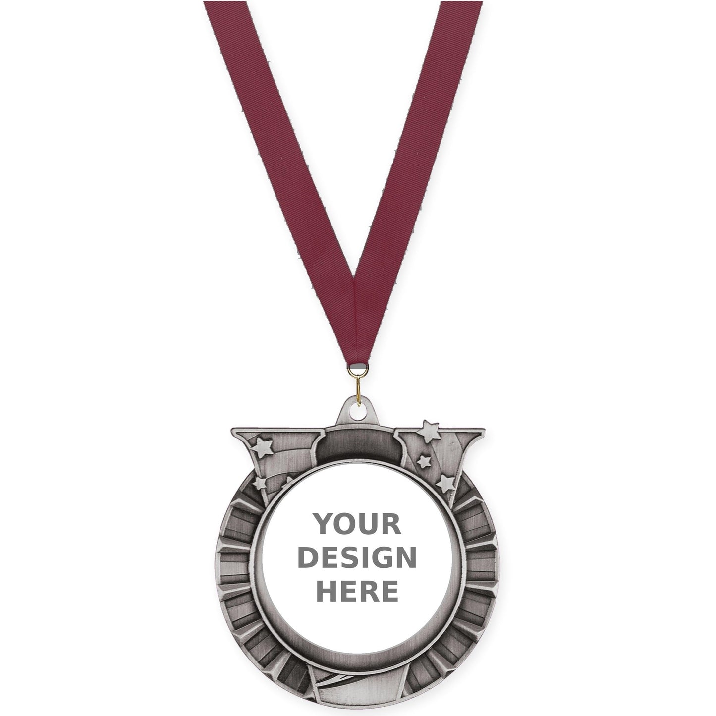 2 3/4 inch Victory Star insert medal in antique silver with Maroon neck ribbon