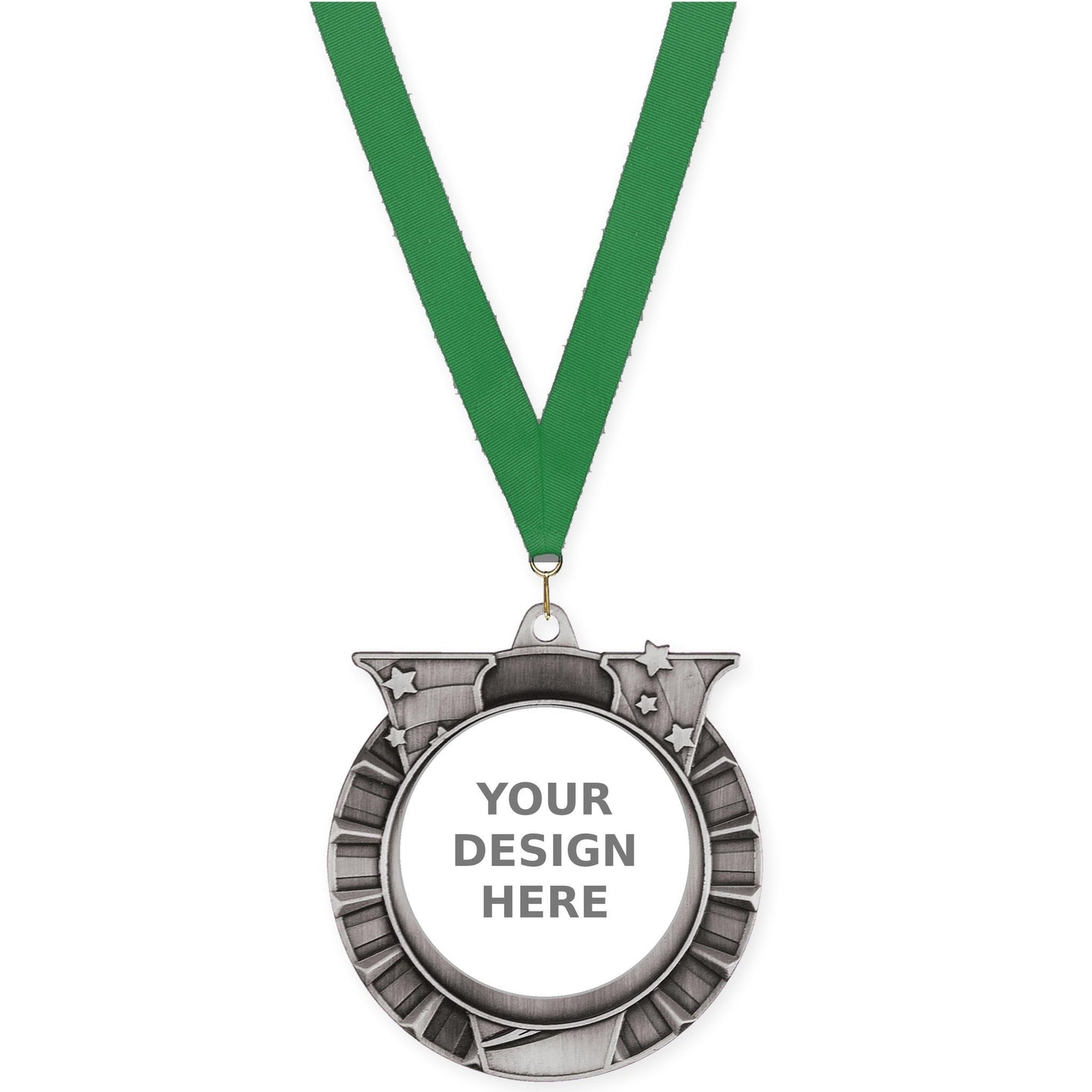 2 3/4 inch Victory Star insert medal in antique silver with Green neck ribbon