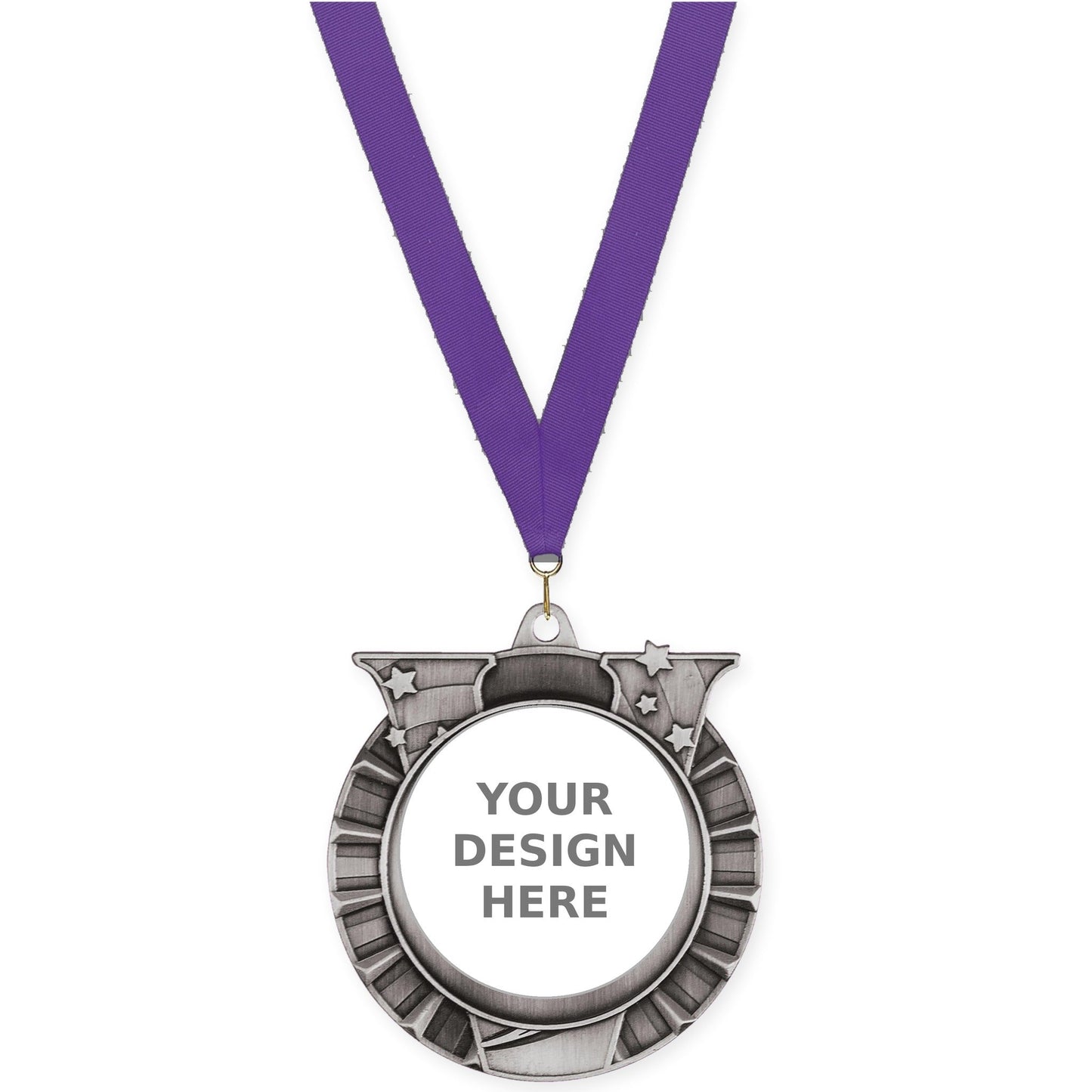 2 3/4 inch Victory Star insert medal in antique silver with Purple neck ribbon