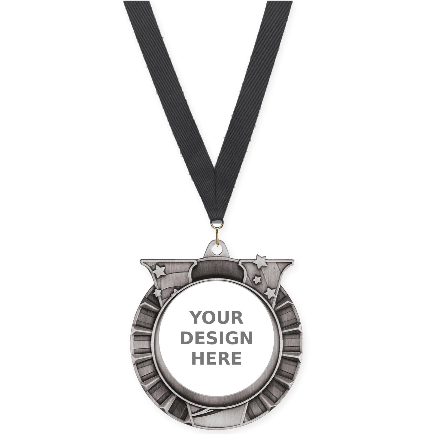 2 3/4 inch Victory Star insert medal in antique silver with Black neck ribbon
