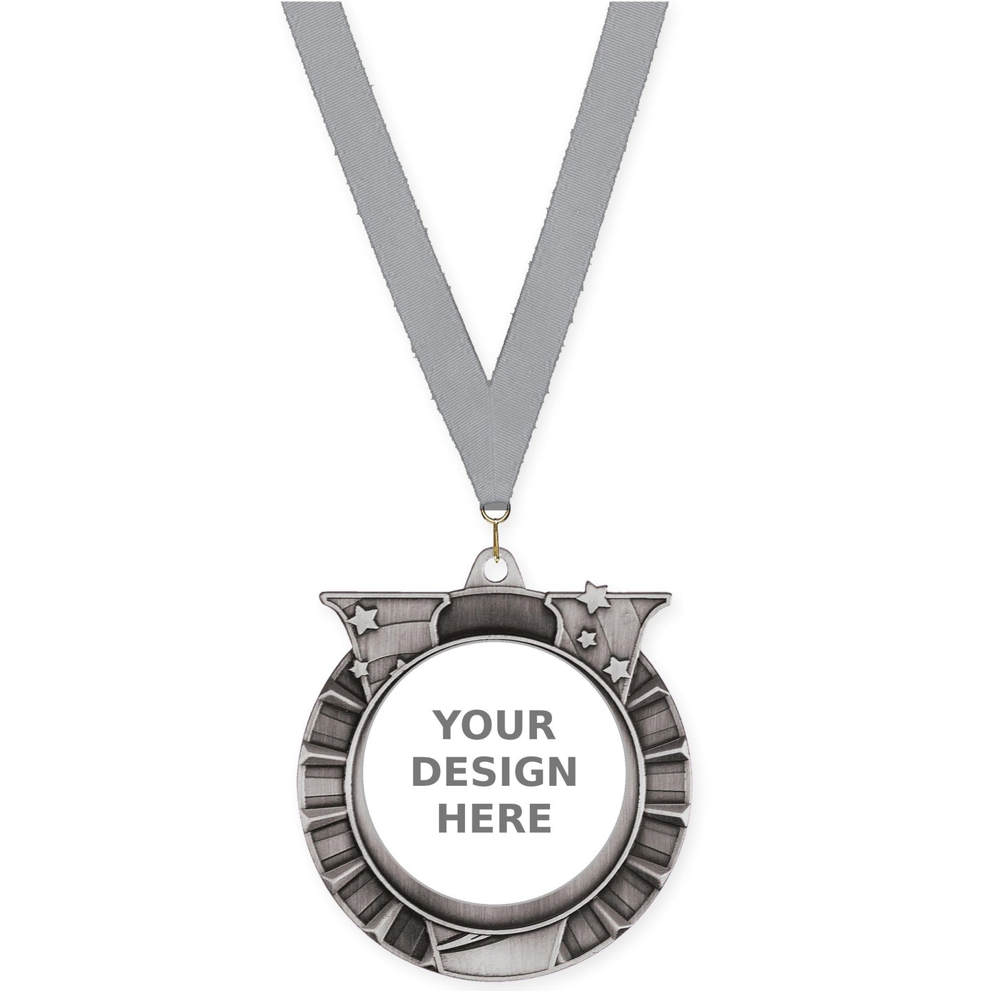 2 3/4 inch Victory Star insert medal in antique silver with Gray neck ribbon